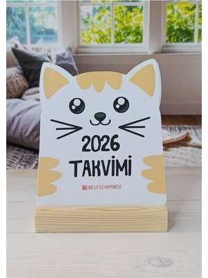 One Little Happiness 2026 Ahşap Standlı Kedili Özel Tasarım Takvim, 2026 Kedi Takvim Masaüstü Yılbaşı Yeni Yıl Hediyesi
