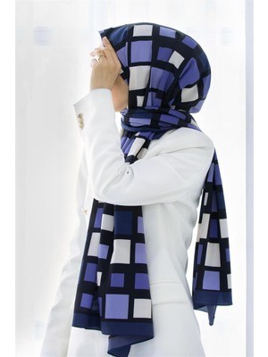Vissona Lüks Medine Ipeği Kare Desenli Indigo Renkli 75X195 Kırışmaz Şal Moss Krep Dikiş Tipi Italyan Dikişli