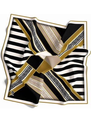 Violla Twill Çizgili Geometrik Desenli Hardal Renkli 90X90 Eşarp (Ipek Içermez) Kenar Dikiş Şekli El Dikişli