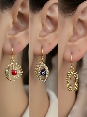 NKT Collection Kaktüs Nazar Göz Ay Güneş Sembol Figürlü 3’lü Kadın Küpe Set