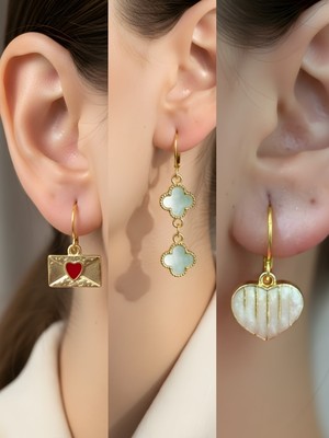 NKT Collection Beyaz Kalp Turkuaz Yonca Kalp Zarf Sembol Figürlü 3’lü Kadın Küpe Set