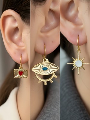 NKT Collection Beyaz Kutup Yıldızı Göz Kalp Zarf Sembol Figürlü 3’lü Kadın Küpe Set