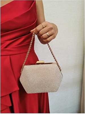 Nazart Kadın Bigtaş Görünümlü Altın Gold Abiye Zincir Askılı El Düğün Nişan Gece Omuz Çantası