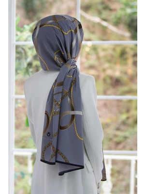 Vissona Lüks Medine Ipeği Zincirli Kemer Desenli Gri Renkli 75X195 Kırışmaz Şal Moss Krep Dikiş Tipi Italyan Dikişli