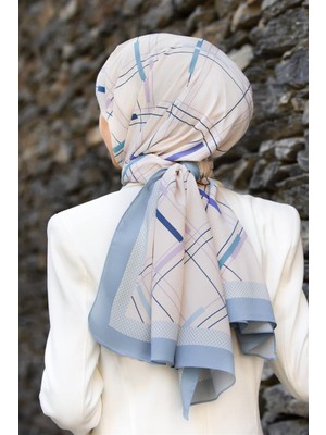 Vissona Lüks Medine Ipeği Geometrik Desenli Mor - Indigo Renkli 75X195 Kırışmaz Şal Moss Krep Dikiş Tipi Italyan Dikişli