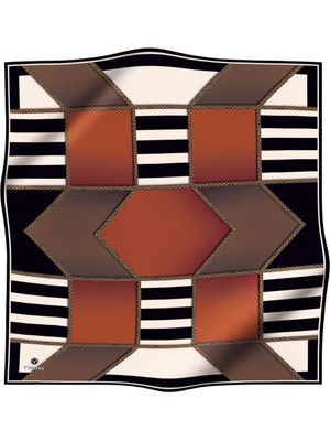Vissona %100 Twill Ipek Geometrik Desenli Taba - Vizon Renkli 90X90 Eşarp Dikim Şekli : El Dikişi