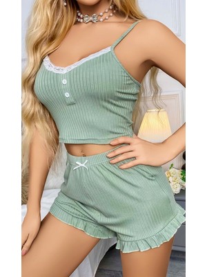 Kadın Yeşil Dantel Detaylı Şortlu Gecelik Pijama Takımı 5014