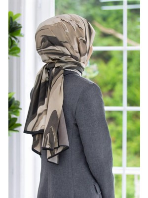 Vissona Lüks Medine Ebru Desenli Füme Renkli 75X195 Kırışmaz Şal Moss Krep Dikiş Tipi Italyan Dikişli