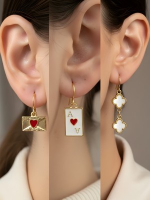 NKT Collection Beyaz Yonca Kupa As Kalp Zarf Sembol Figürlü 3’lü Kadın Küpe Set