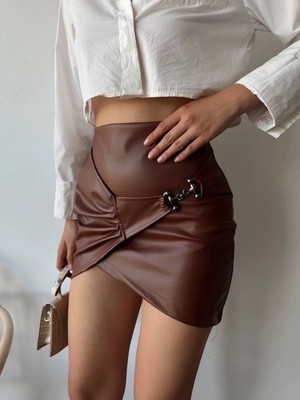 Virtustore Tokalı Deri Etek Kahve