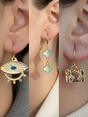 NKT Collection Bavul Turkuaz Yonca Göz Sembol Figürlü 3’lü Kadın Küpe Set