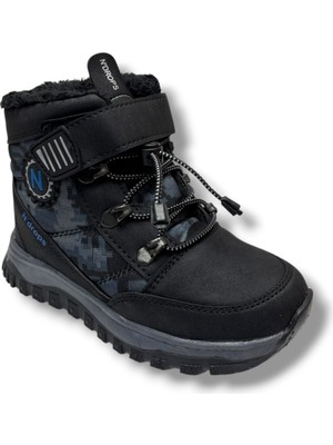 Ndrops 015-26 Deri Kürklü Kamuflaj Paraşüt Kumaş Çocuk Bot Siyah Sax 31-35