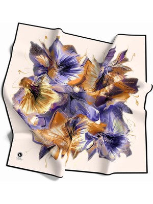 Violla Twill Çiçek Desenli Hardal - Mor Renkli 90X90 Eşarp (Ipek Içermez) Kenar Dikiş Şekli El Dikişli