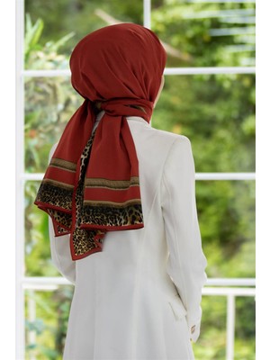 Vissona Lüks Medine Ipeği Leopar Bordür Desenli Bordo Renkli 75X195 Kırışmaz Şal Moss Krep Dikiş Tipi Italyan Dikişli