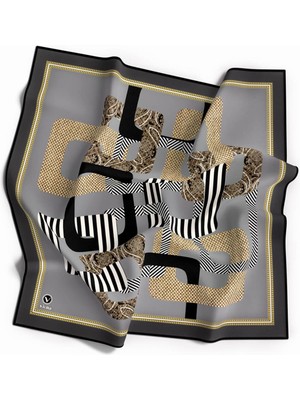 Violla Twill Geometrik Desenli Gri Renkli 90X90 Eşarp (Ipek Içermez) Kenar Dikiş Şekli El Dikişli
