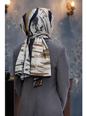 Vissona Lüks Medine Ipeği Geometrık Desenli Bej Renkli 75X195 Kırışmaz Şal Moss Krep Dikiş Tipi Italyan Dikişli