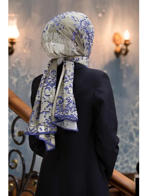 Vissona Lüks Medine Ipeği Eskitme Desenli Indigo Renkli 75X195 Kırışmaz Şal Moss Krep Dikiş Tipi Italyan Dikişli