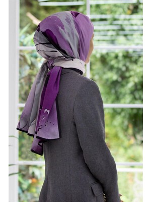 Vissona Lüks Medine Batik Desenli Gri - Lila Renkli 75X195 Kırışmaz Şal Moss Krep Dikiş Tipi Italyan Dikişli