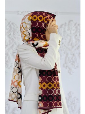 Vissona Lüks Medine Ipeği Geometrik Desenli Mürdüm Renkli 75X195 Kırışmaz Şal Moss Krep Dikiş Tipi Italyan Dikişli