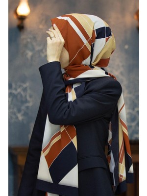 Vissona Lüks Medine Ipeği Geometrik Desenli Taba Renkli 75X195 Kırışmaz Şal Moss Krep Dikiş Tipi Italyan Dikişli