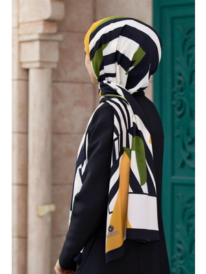 Vissona Lüks Medine Ipeği  Desenli Haki  Renkli 75X195 Kırışmaz Şal Moss Krep Dikiş Tipi Italyan Dikişli