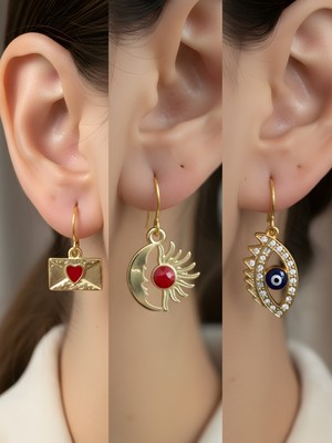 NKT Collection Nazar Göz Ay Güneş Kalp Zarf Sembol Figürlü 3’lü Kadın Küpe Set