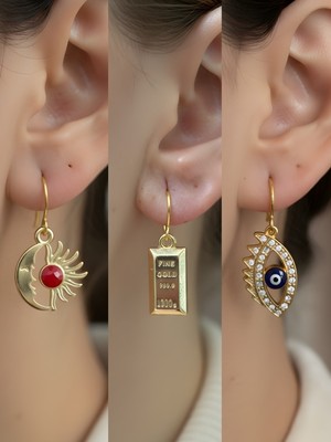 NKT Collection Nazar Göz Külçe Altın Ay Güneş Sembol Figürlü 3’lü Kadın Küpe Set