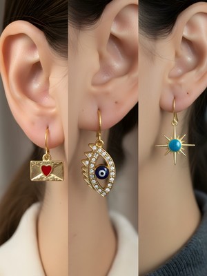 NKT Collection Mavi Kutup Yıldızı Nazar Göz Kalp Zarf Sembol Figürlü 3’lü Kadın Küpe Set