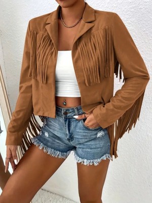 Martcini Kadın Uzun Kollu Yakalı Kısa Püsküllü Süet Ceket