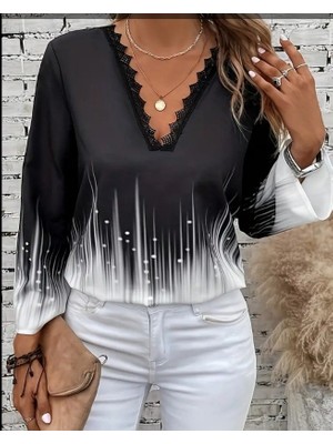 Martcini Kadın Uzun Kollu V Dantel Yaka Desenli Modal Bluz