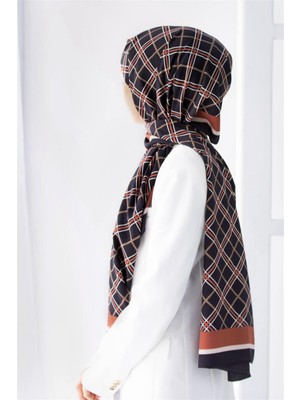 Vissona Lüks Medine Ipeği Ekose Desenli Siyah - Gül Kurusu Renkli 75X195 Kırışmaz Şal Moss Krep Dikiş Tipi Italyan Dikişli