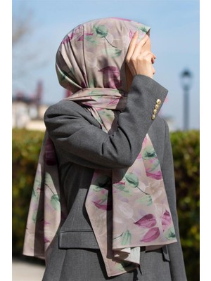 Vissona Lüks Medine Ipeği Sonbahar Desenli Pembe Renkli 75X195 Kırışmaz Şal Moss Krep Dikiş Tipi Italyan Dikişli