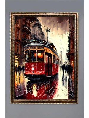 Dolce Mariee Kırmızı Tramvay Desenli Dijital Baskılı Kadife Kumaş Çerçeveli Tablo TBL0052
