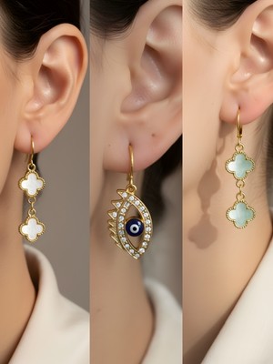 NKT Collection Turkuaz Yonca Beyaz Yonca Nazar Göz Sembol Figürlü 3’lü Kadın Küpe Set