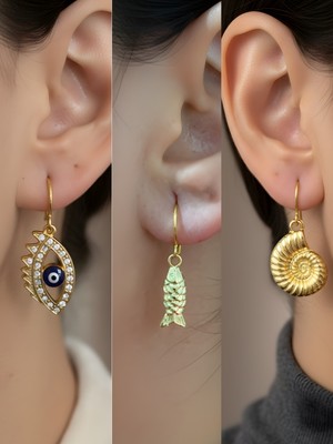 NKT Collection Balık Deniz Kabuğu Nazar Göz Sembol Figürlü 3’lü Kadın Küpe Set