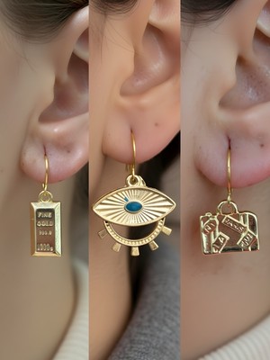 NKT Collection Bavul Göz Külçe Altın Sembol Figürlü 3’lü Kadın Küpe Set