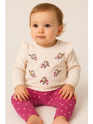 Dinamik çocuk Kız Bebek Kuş Nakışlı Puantiyeli 2li Alt Üst Takım Mevsimlik 2iplik 3-6-9-12AYLIK