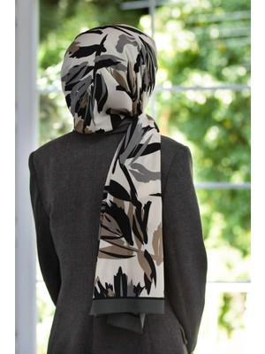 Vissona Lüks Medine Ipeği Yaprak Desenli Gri Renkli 75X195 Kırışmaz Şal Moss Krep Dikiş Tipi Italyan Dikişli