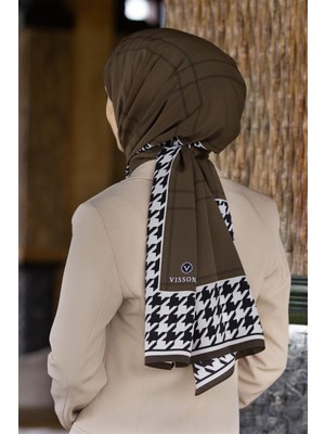 Vissona Lüks Medine Ipeği Kazayağı Desenli Vizon - Siyah Renkli 75X195 Kırışmaz Şal Moss Krep Dikiş Tipi Italyan Dikişli