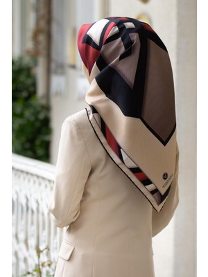 Vissona %100 Twill Ipek Geometrik Desenli Bordo - Vizon Renkli 90X90 Eşarp Dikim Şekli : El Dikişi