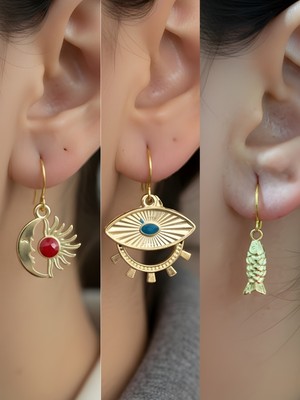 NKT Collection Balık Göz Ay Güneş Sembol Figürlü 3’lü Kadın Küpe Set