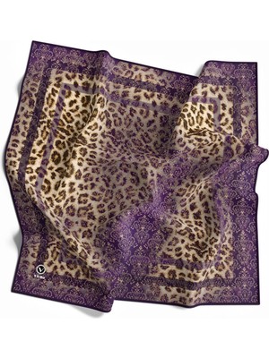 Violla Twill Leopar Desenli Mor Renkli 90X90 Eşarp (Ipek Içermez) Kenar Dikiş Şekli El Dikişli