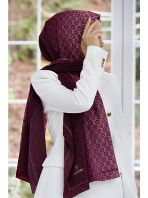 Vissona Lüks Medine Ipeği Monogram Desenli Pudra Renkli 75X195 Kırışmaz Şal Moss Krep Dikiş Tipi Italyan Dikişli