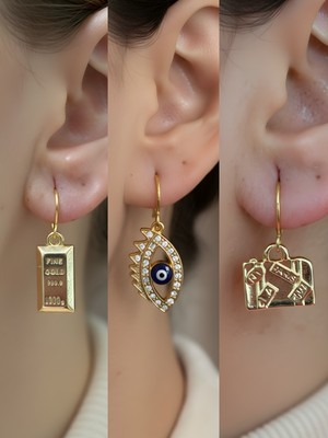NKT Collection Bavul Nazar Göz Külçe Altın Sembol Figürlü 3’lü Kadın Küpe Set