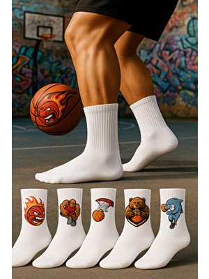 Çorapdunyam 6 Adet Beyaz Basketbol Desenli Kolej Tenis Çorap Türkiye Menşeli Spor Kullanımı İçin Özel