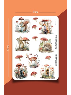 One Little Happiness Mushrom Animal Temalı Sticker Seti | Bullet Journal Sticker | Defter | Çıkartma | Scrapbook