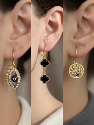 NKT Collection Siyah Yonca Hayat Ağacı Nazar Göz Sembol Figürlü 3’lü Kadın Küpe Set