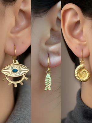 NKT Collection Balık Deniz Kabuğu Göz Sembol Figürlü 3’lü Kadın Küpe Set