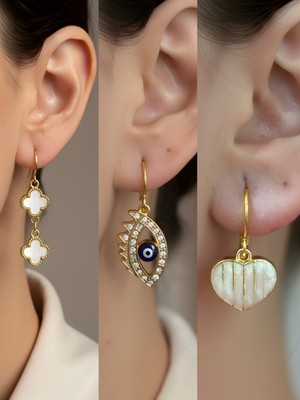 NKT Collection Beyaz Kalp Beyaz Yonca Nazar Göz Sembol Figürlü 3’lü Kadın Küpe Set