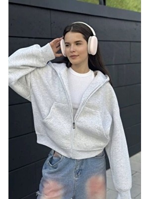 Gri 3 Iplik Şardonlu Crop Hırka Uzun Kol Oversize Tasarım Düz Desen ile Şık ve Rahat